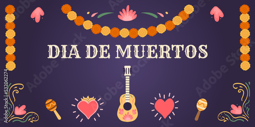 Dia de los muertos. Horizontal banner with mariachi guitar and maracas. Marigold floral garlands decoration. Mexican national holiday Day of the dead. Vector hand drawn illustration in flat style