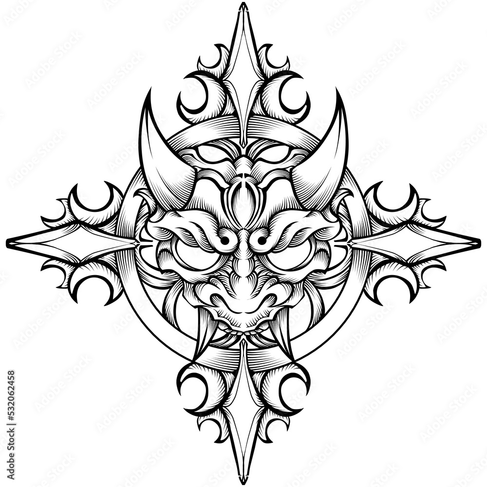 Fototapeta premium Oni mask tribal tattoo illustration vector