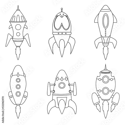 A set of steampunk rockets. Cute cartoon controlled robots mechanisms. Metal, plastic spaceships for casual mobile games. Game design, black and white image.