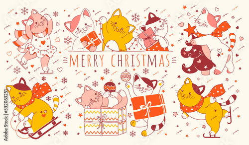 Merry Christmas! Bundle Collection of adorable cats. Xmas print with isolated Characters. Vector illustration of naughty pets. Winter New Year holidays background in quirky, cartoon style.