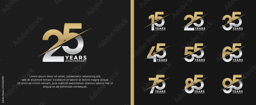 set of anniversary logotype gold and silver color on black background for celebration moment - obrazy, fototapety, plakaty 