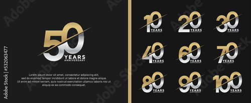 set of anniversary logotype gold and silver color on black background for celebration moment