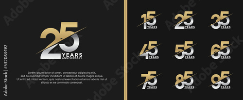 set of anniversary logotype gold and silver color on black background for celebration moment