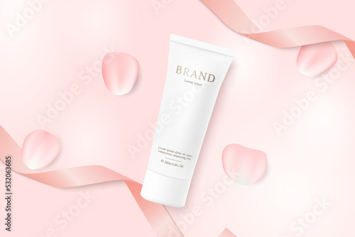 Cosmetics and skin care product ads template on pink background with petal and ribbon.