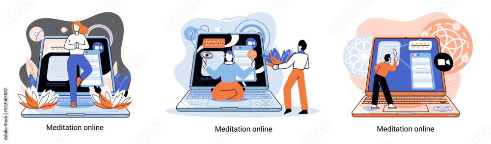 Meditation online metaphor. Classes on laptop, practicing yoga, mental exercises. Live stream, internet education. Wellness practice restore peace mind. Healthy lifestyle, clearing brain and managing Meditation online metaphor. Classes on laptop, practicing yoga, mental exercises. Live stream, internet education. Wellness practice restore peace mind. Healthy lifestyle, clearing brain and managing
