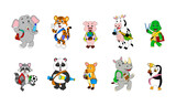collection of 10 cute animals with the theme of going to school, elephant, tiger, pig, cow, turtle, raccoon, panda, rhino, deer and penguin, eps, vector, editable