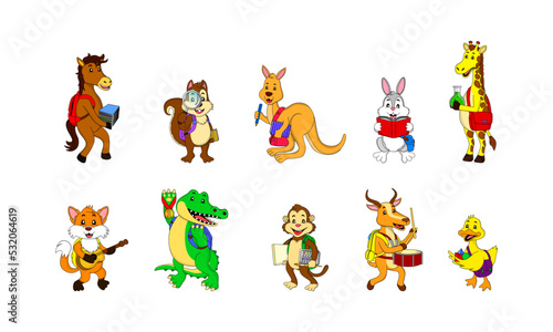 collection of 10 cute animals with the theme of going to school, horse, squirrel, kangaroo, rabbit, giraffe, fox, crocodile, monkey, deer and duck, eps, vector, editable