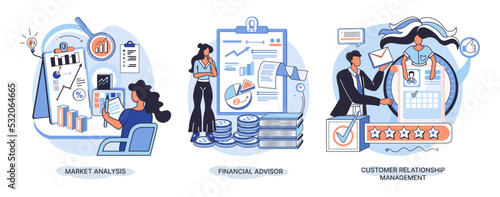Market statistics analysis, financial advisor, customer relationship management business themes metaphor. Investment money, management planning for customer. Fiscal consultantation, client interaction