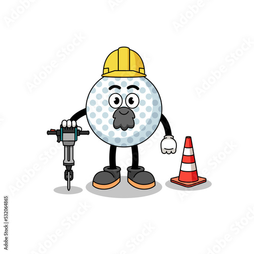 Character cartoon of golf ball working on road construction