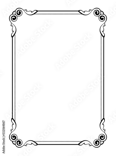 Decorative linear frame. Geometric border with dots, stripes and swirls. Romantic vintage template. Design element for greeting cards or posters. Cartoon flat vector illustration in doodle style