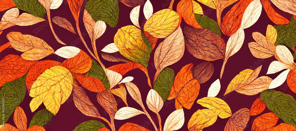 Autumn leaves pattern with exotic leaves on red background. 3D illustration