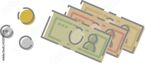 Illustration of Japanese yen and cash in the style of a printing block