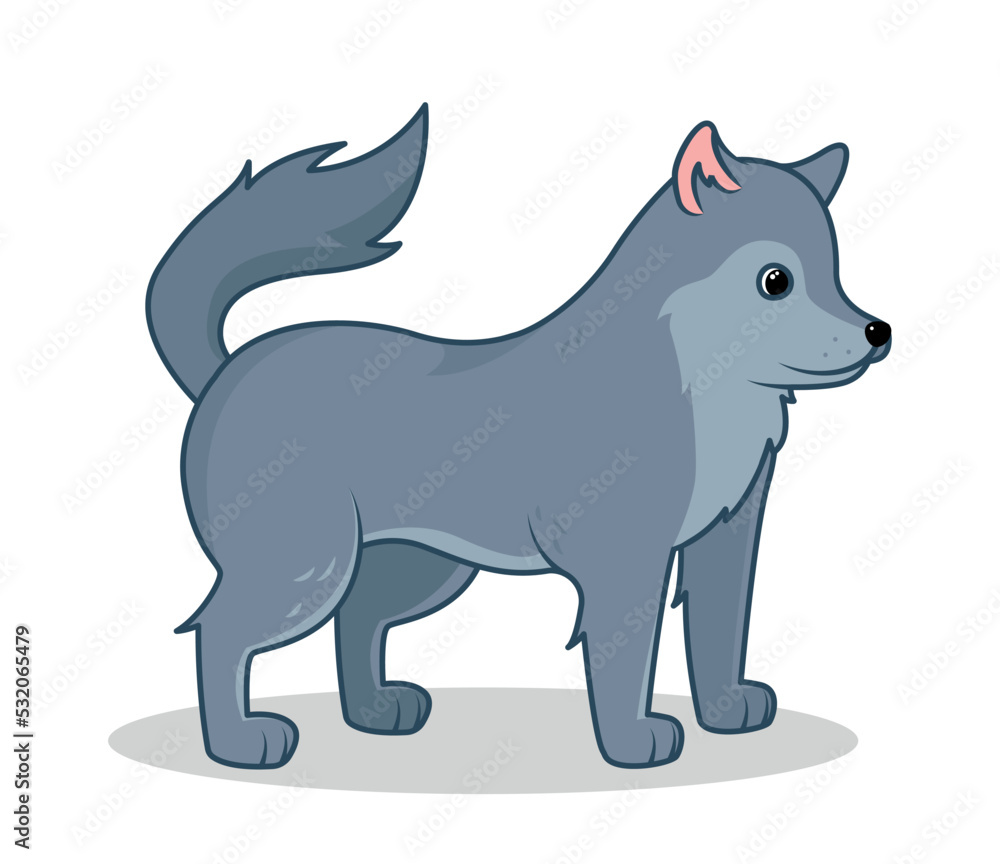 Naklejka premium Cute forest animal concept. Sticker with funny gray wolf on hunt. Mammal or woodland dweller. Design element for social media and print. Cartoon flat vector illustration isolated on white background