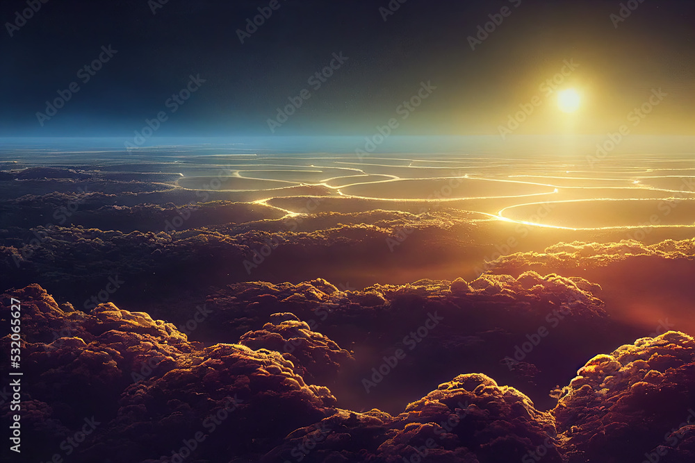Morning Sun light with Mountains and Cloud like Sea.  Fantasy Backdrop Concept Art Realistic Illustration. Video Game Background Digital Painting CG Artwork Scenery Artwork Serious Book Illustration
