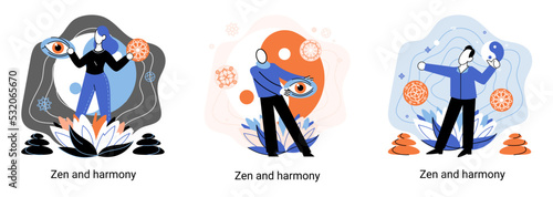 Zen and harmony metaphor, meditation practice. Balance, relaxation, mindfulness. Calm person relaxing. Yoga and spiritual practice, relax, recreation, healthy lifestyle. Japanese cult of mind and body