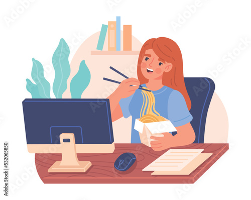 Employee eats at workplace. Young female office worker sitting at table doing project on computer and eating delicious japanese noodles or pasta. Lunch break. Cartoon flat vector illustration
