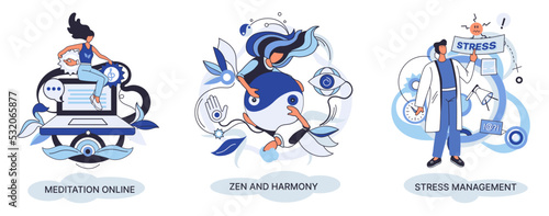 Meditation online. Self-management, self regulation learning, self-organization course, control over emotions metaphor Online yoga at home meditating. Deals with stress management, zen and harmony