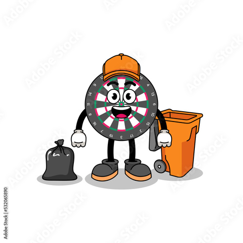 Illustration of dart board cartoon as a garbage collector