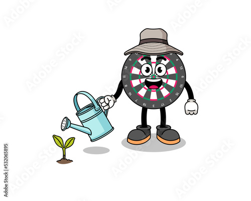Illustration of dart board cartoon watering the plant