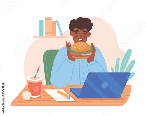 Employee eats at workplace. Young male entrepreneur eats delicious hamburger and drinks sweet soda. Fast food for lunch break. Hungry character with food. Cartoon modern flat vector illustration