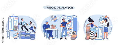 Financial advisor giving advice investment money market analysis management planning for customer. Fiscal consultant professional in finance. Business development successful vested interests metaphor