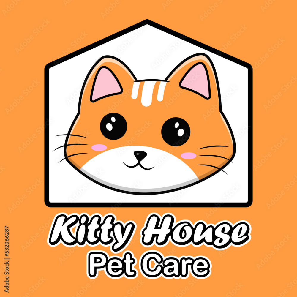 Naklejka premium kitty house cartoon pet shop logo cat character in house cartoon character mascot design illustration
