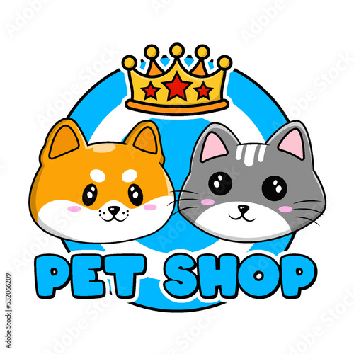pet shop logo cute dog and cat crown cartoon character mascot design illustration