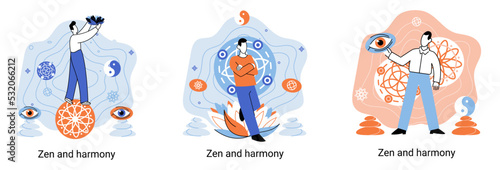 Zen and harmony metaphor, meditation practice. Balance, relaxation, mindfulness. Calm person relaxing. Yoga and spiritual practice, relax, recreation, healthy lifestyle. Japanese cult of mind and body