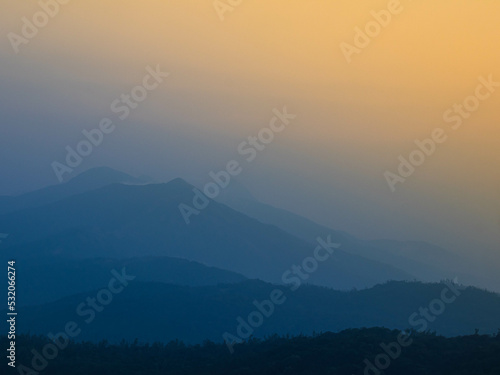Sunset over the mountains in western ghats 