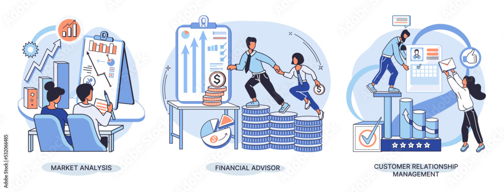 Market statistics analysis, financial advisor, customer relationship management business themes metaphor. Investment money, management planning for customer. Fiscal consultantation, client interaction Market statistics analysis, financial advisor, customer relationship management business themes metaphor. Investment money, management planning for customer. Fiscal consultantation, client interaction