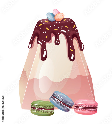 Happy Easter concept. Delicious sweet cake or pastry with easter eggs, chocolate macaroons and icing. Design element for postcard for traditional spring holiday. Cartoon realistic vector illustration