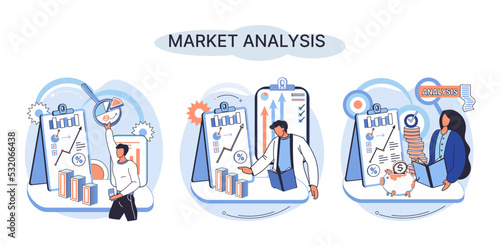 Market analysis metaphor marketing strategy development. Business research. Identify business determine solutions business problems solving. Marketer analyzes sales plan, doing an advertising campaign