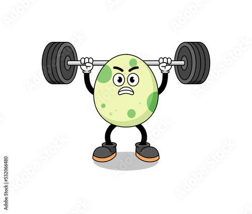 spotted egg mascot cartoon lifting a barbell