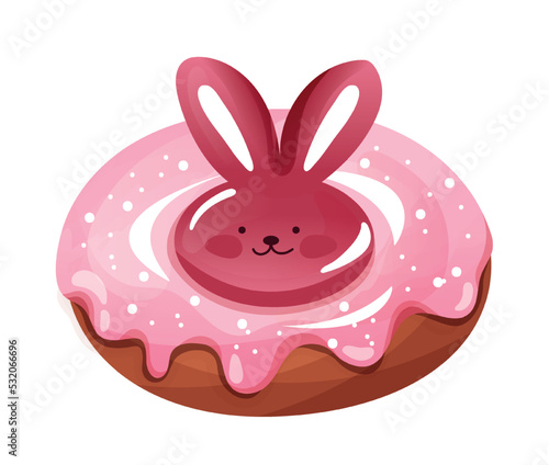Happy Easter concept. Delicious donut or pastry with pink berry icing and bunny or hare decoration. Design element for greeting card for christian holiday. Cartoon realistic vector illustration