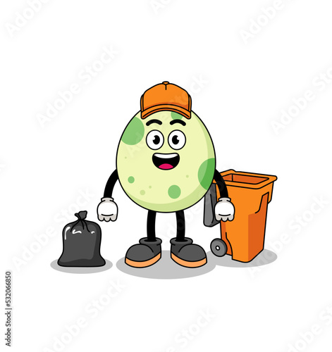 Illustration of spotted egg cartoon as a garbage collector