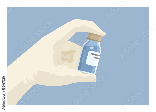 Hand holding vaccine bottle. Simple flat illustration
