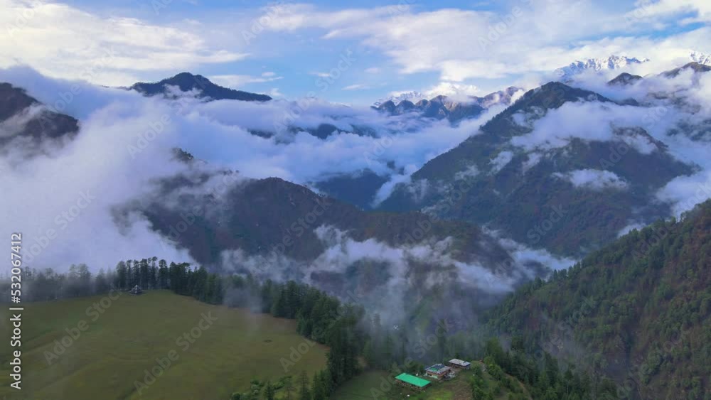 Drone Shot of a cloudy Sainj Valley in Himachal Pradesh near Manali, Kasol Drone Shot of a cloudy Sainj Valley in Himachal Pradesh near Manali, Kasol