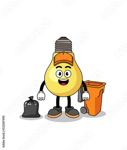 Illustration of light bulb cartoon as a garbage collector