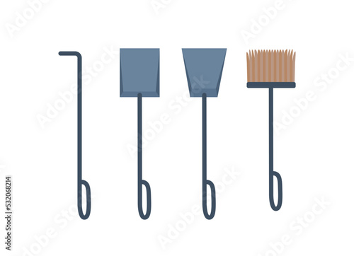 Set of fireplace accessories. Stickers with metal shovels, poker and broom or brush for caring for hearths. Design elements for apps. Cartoon flat vector illustration isolated on white background