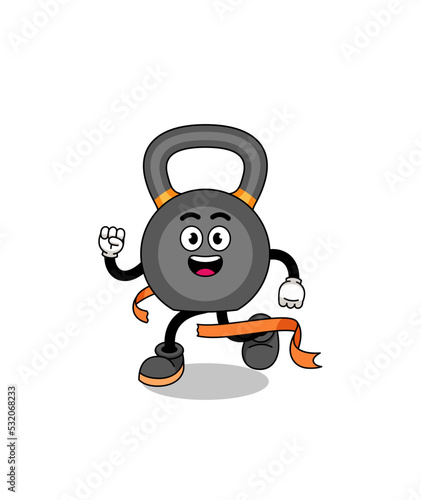 Mascot cartoon of kettlebell running on finish line