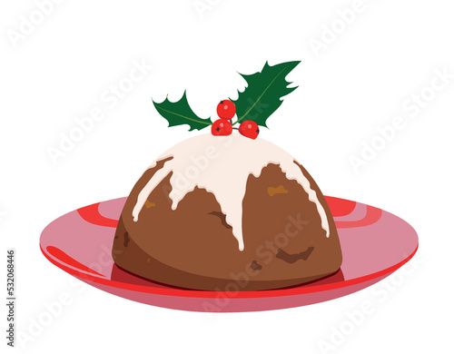 Traditional festive food. Delicious biscuit cake with cream icing and berries. Sweet dessert for Christmas or New Year. Holiday dinner. Design element for print. Cartoon flat vector illustration