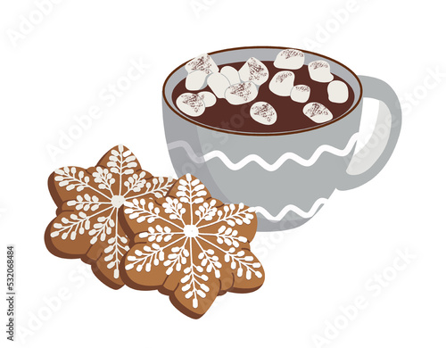 Traditional festive food. Cup with delicious cocoa drink or hot coffee with marshmallows and sweet cookies or gingerbread. Festive New Year or Christmas breakfast. Cartoon flat vector illustration