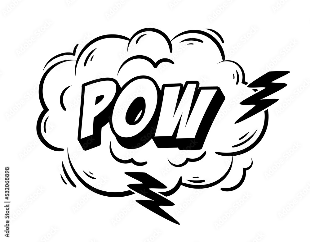 Retro explosion for comics. Onomatopoeic speech cloud with black lightning bolts, strokes and inscription pow. Design element for social media. Cartoon simple flat vector illustration in vintage style Retro explosion for comics. Onomatopoeic speech cloud with black lightning bolts, strokes and inscription pow. Design element for social media. Cartoon simple flat vector illustration in vintage style