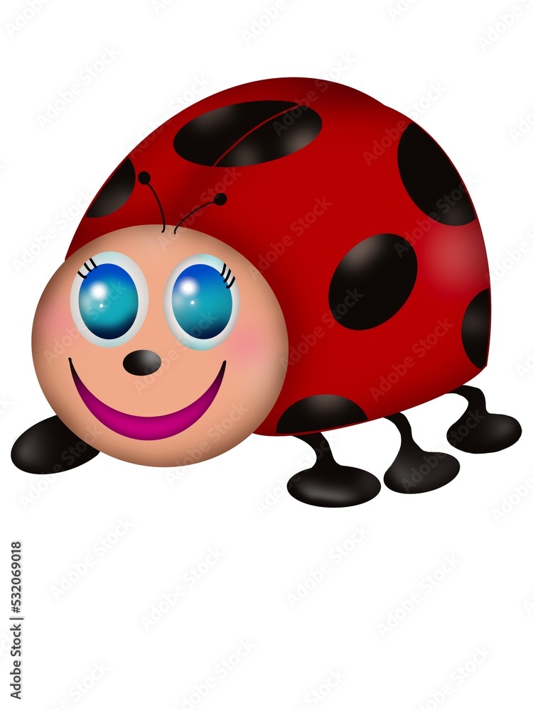 Fototapeta premium Very cute ladybug with pink face, blue eyes and black dots on her red body