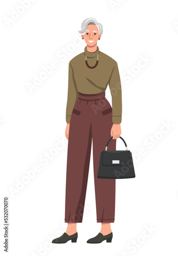 Stylish elderly person. Smiling grandmother in elegant trendy outfit and accessories holding bag. Smiling gray haired woman in fashionable clothes. Cartoon flat vector illustration on white background