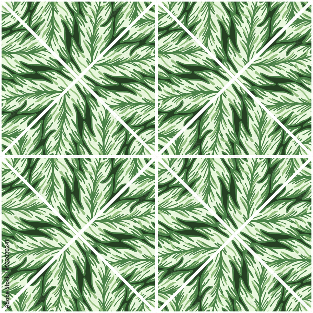 Creative leaves shape mosaic seamless pattern. Geometric botanical foliage endless wallpaper. Palm leaf tile.