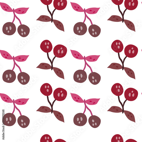 Hand drawn cherry berries and leaves seamless pattern. Hand drawn cherries wallpaper. Fruits backdrop.