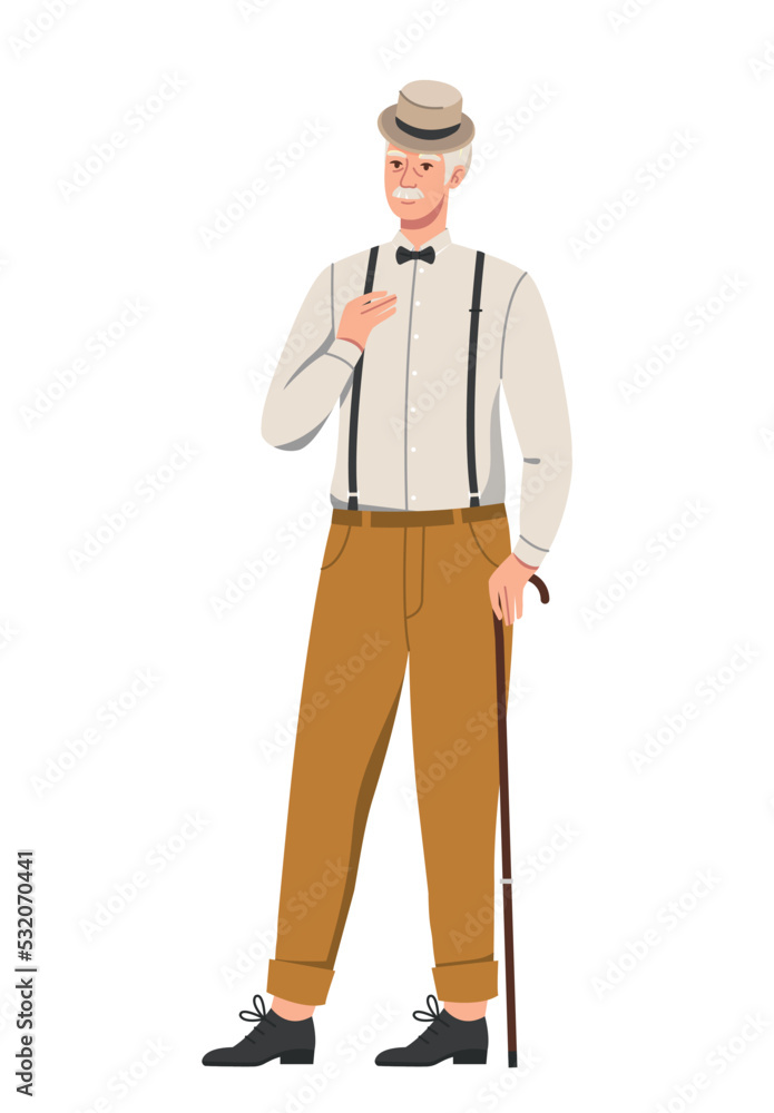 Stylish elderly person. Fashionable old man in elegant shirt, hat and trousers with suspenders holds cane. Happy Grandfather in trendy outfit. Cartoon flat vector illustration on white background Stylish elderly person. Fashionable old man in elegant shirt, hat and trousers with suspenders holds cane. Happy Grandfather in trendy outfit. Cartoon flat vector illustration on white background