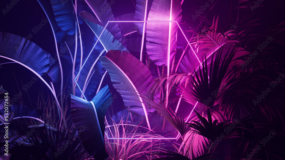 Trendy Background Design. Tropical Plants with Pink and Blue, Hexagon