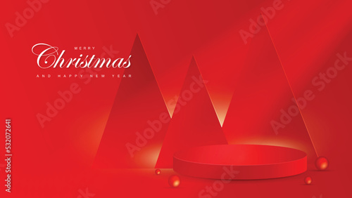 Merry Christmas and happy new year banner with product display cylindrical shape. Vector illustrator